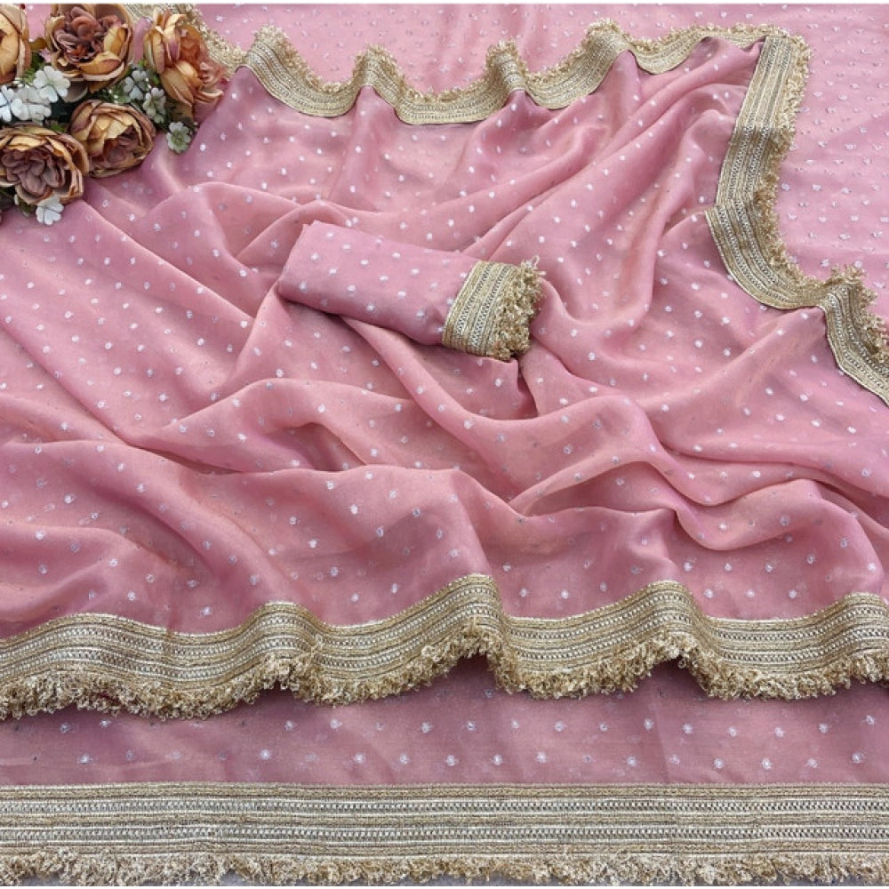 Women's Silk Embellished Saree With Unstitched Blouse 5.5Mtr (Pink)