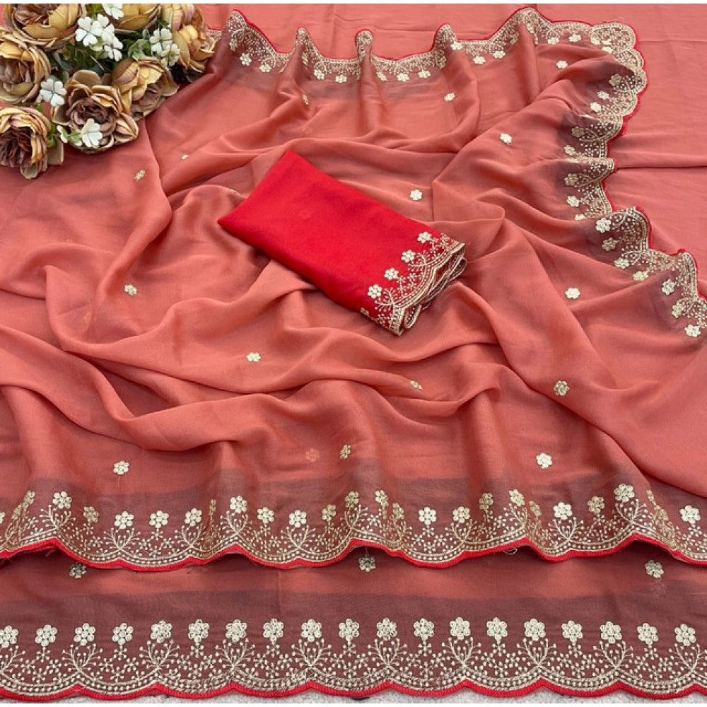 Women's Star Georgette Embroidered Saree With Unstitched Blouse 5.5Mtr (Orange)