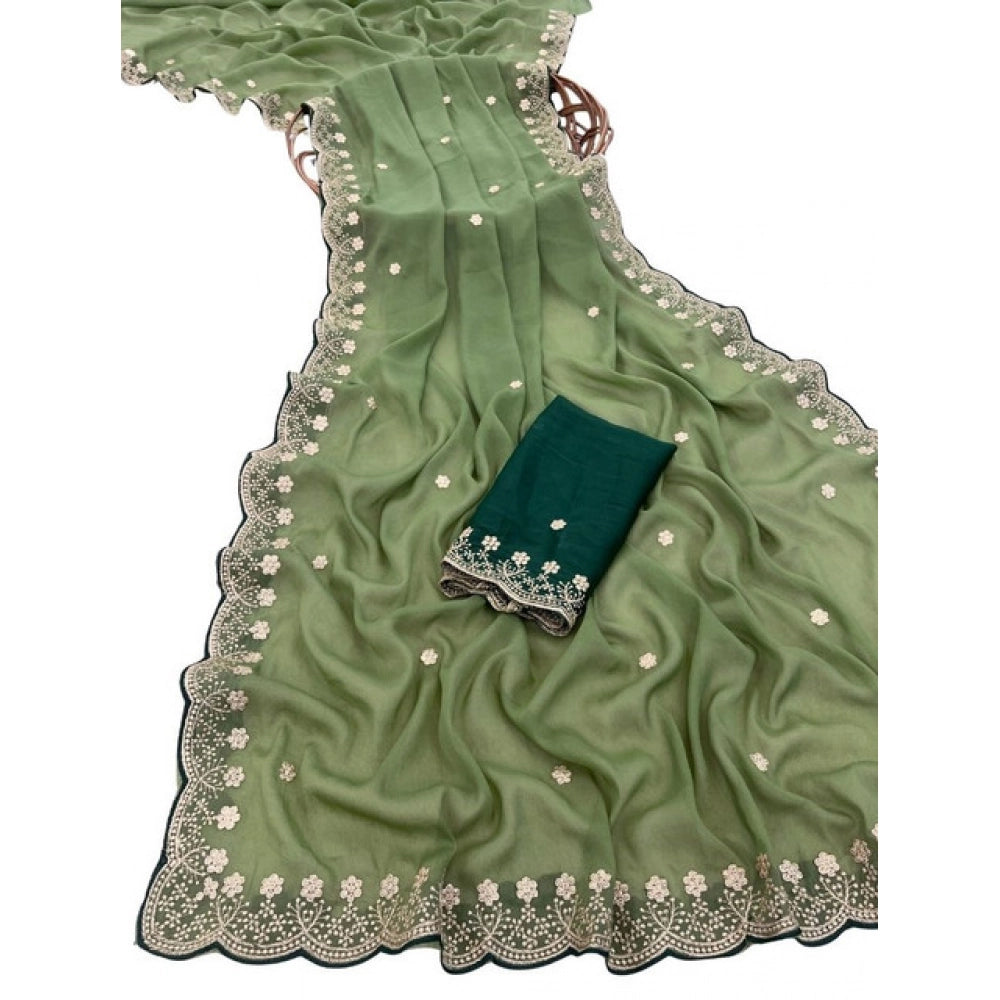 Women's Star Georgette Embroidered Saree With Unstitched Blouse 5.5Mtr (Green)