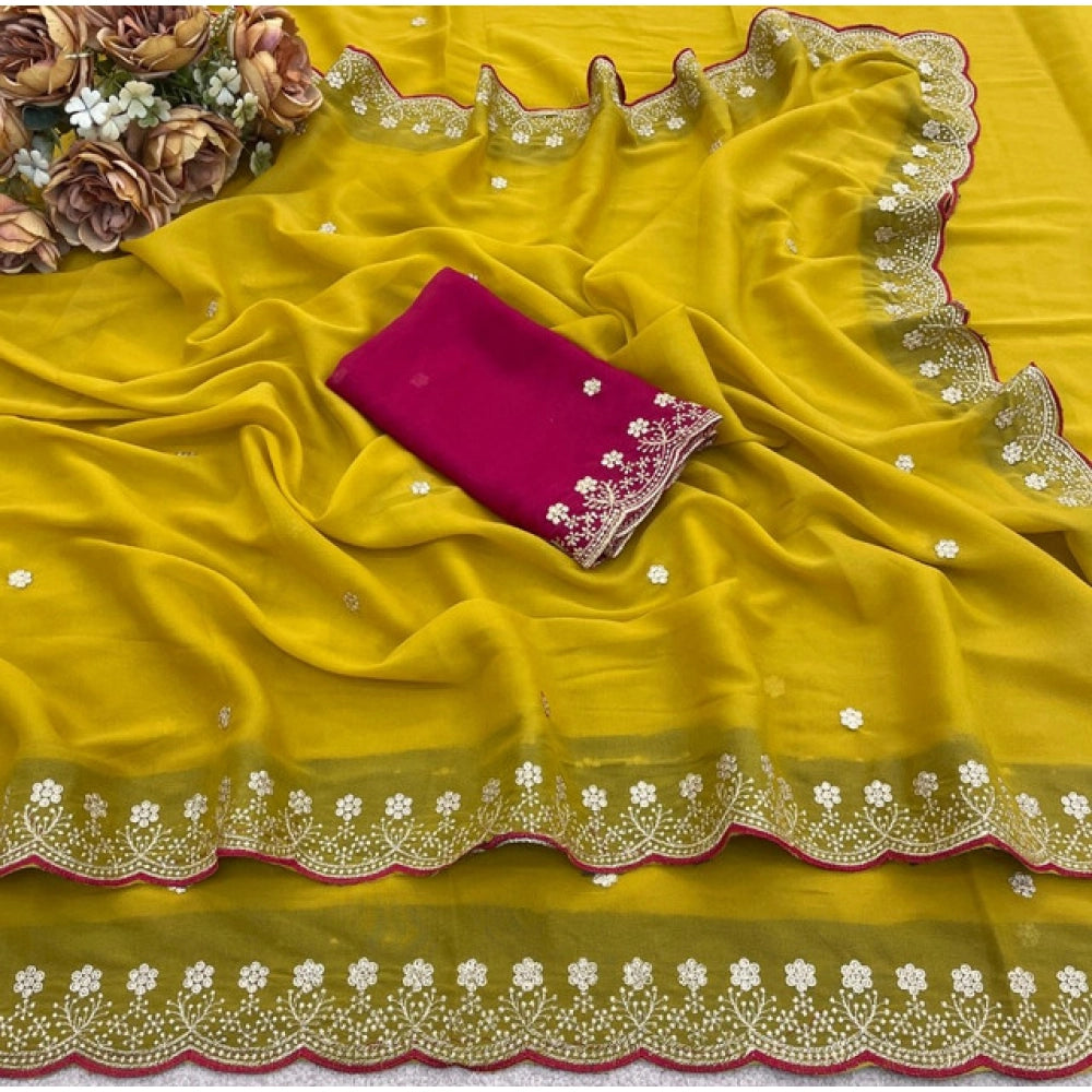 Women's Star Georgette Embroidered Saree With Unstitched Blouse 5.5Mtr (Yellow)