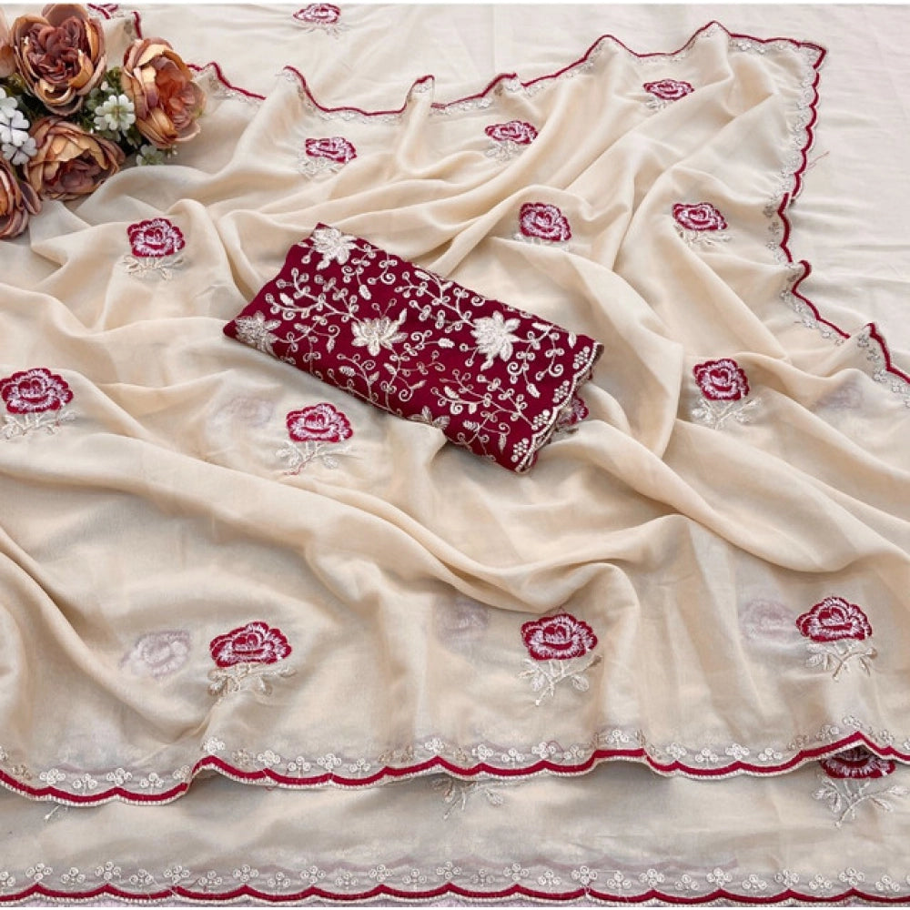 Women's Star Georgette Embroidered Saree With Unstitched Blouse 5.5Mtr (Cream)