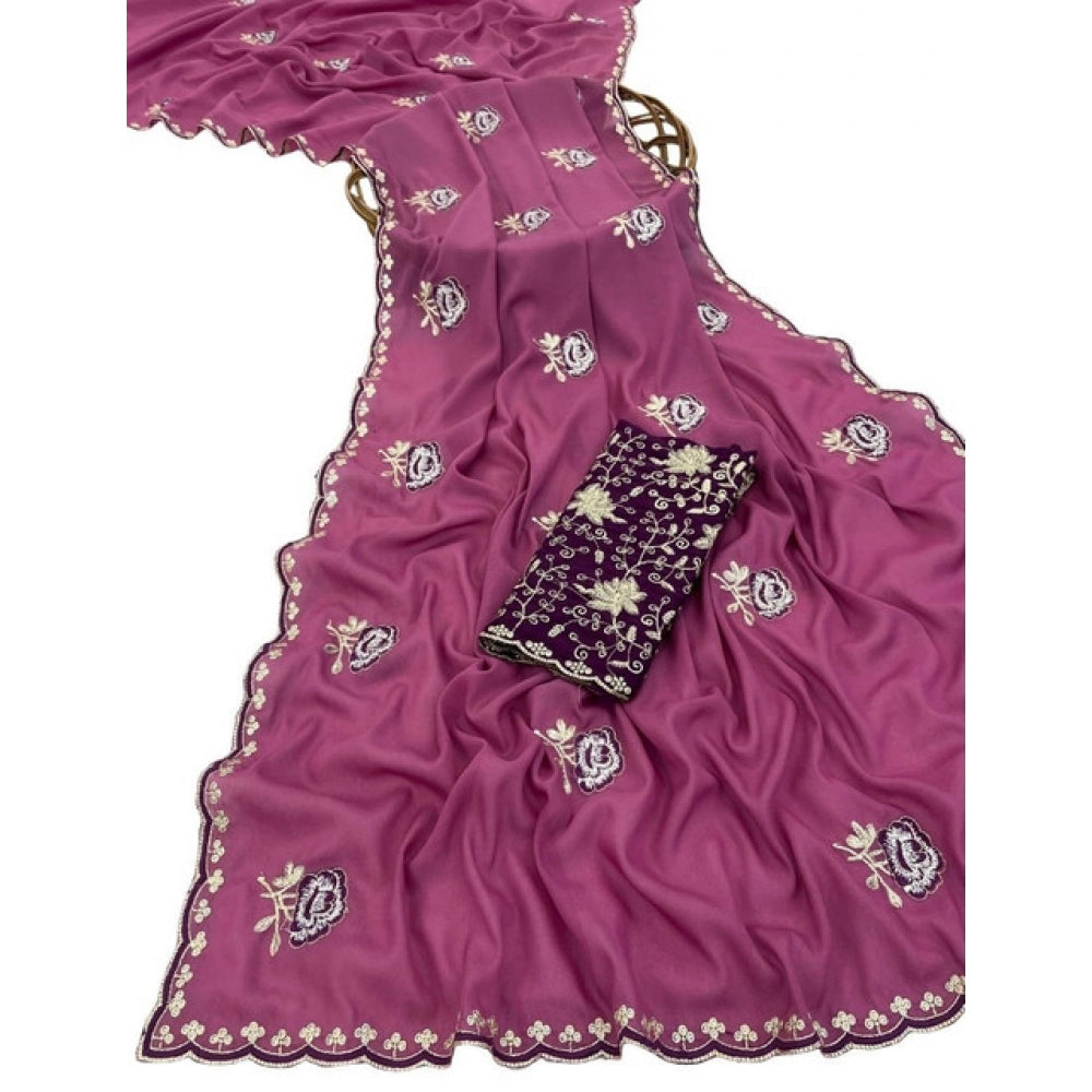 Women's Star Georgette Embroidered Saree With Unstitched Blouse 5.5Mtr (Pink)