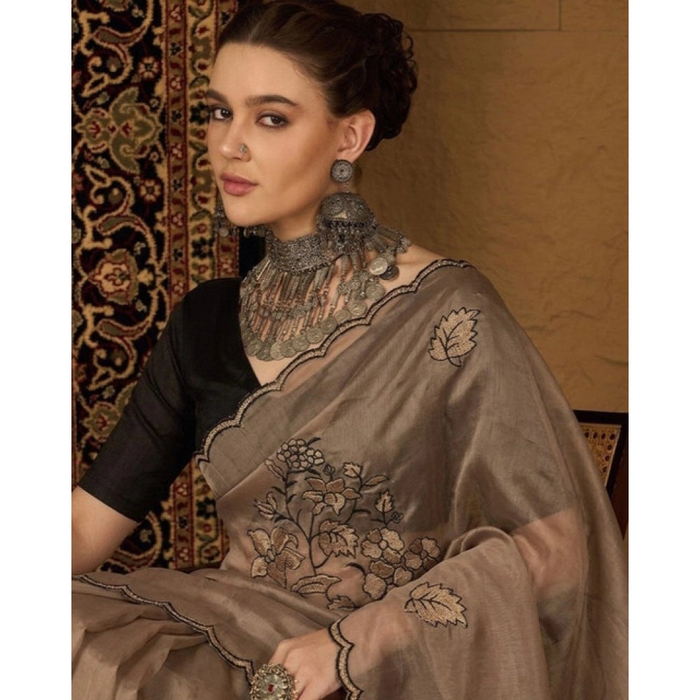 Women's Viscose Silk Embroidered Saree With Unstitched Blouse 5.5Mtr (Brown)