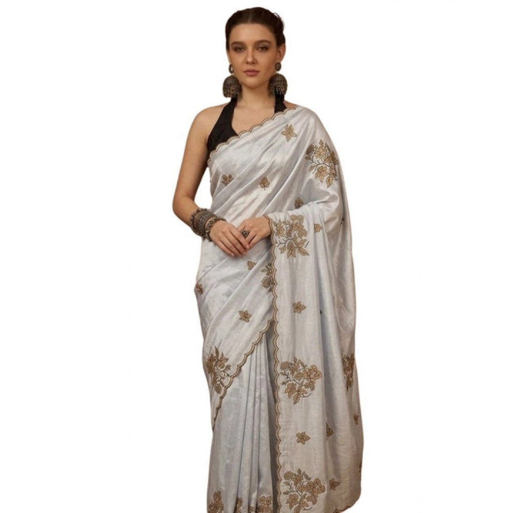 Women's Viscose Silk Embroidered Saree With Unstitched Blouse 5.5Mtr (Grey)