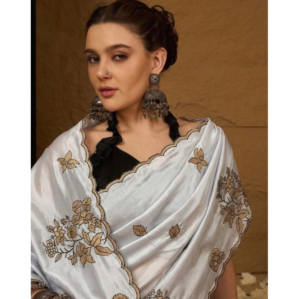 Women's Viscose Silk Embroidered Saree With Unstitched Blouse 5.5Mtr (Grey)