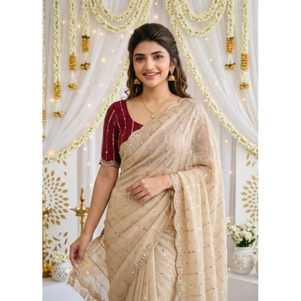 Women's Star Georgette Embroidered Saree With Unstitched Blouse 5.5Mtr (Beige)