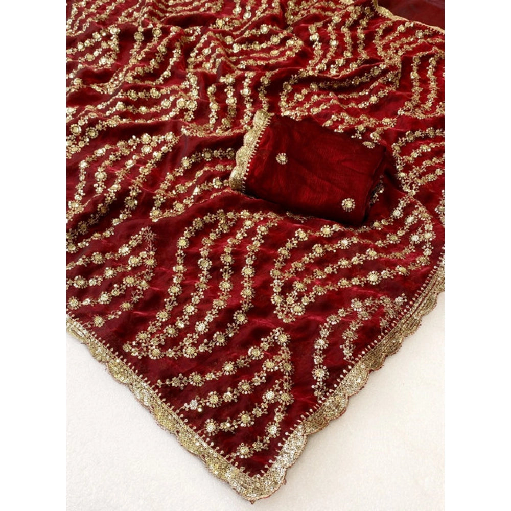 Women's Satin Embellished Saree With Unstitched Blouse 5.5Mtr (Maroon)