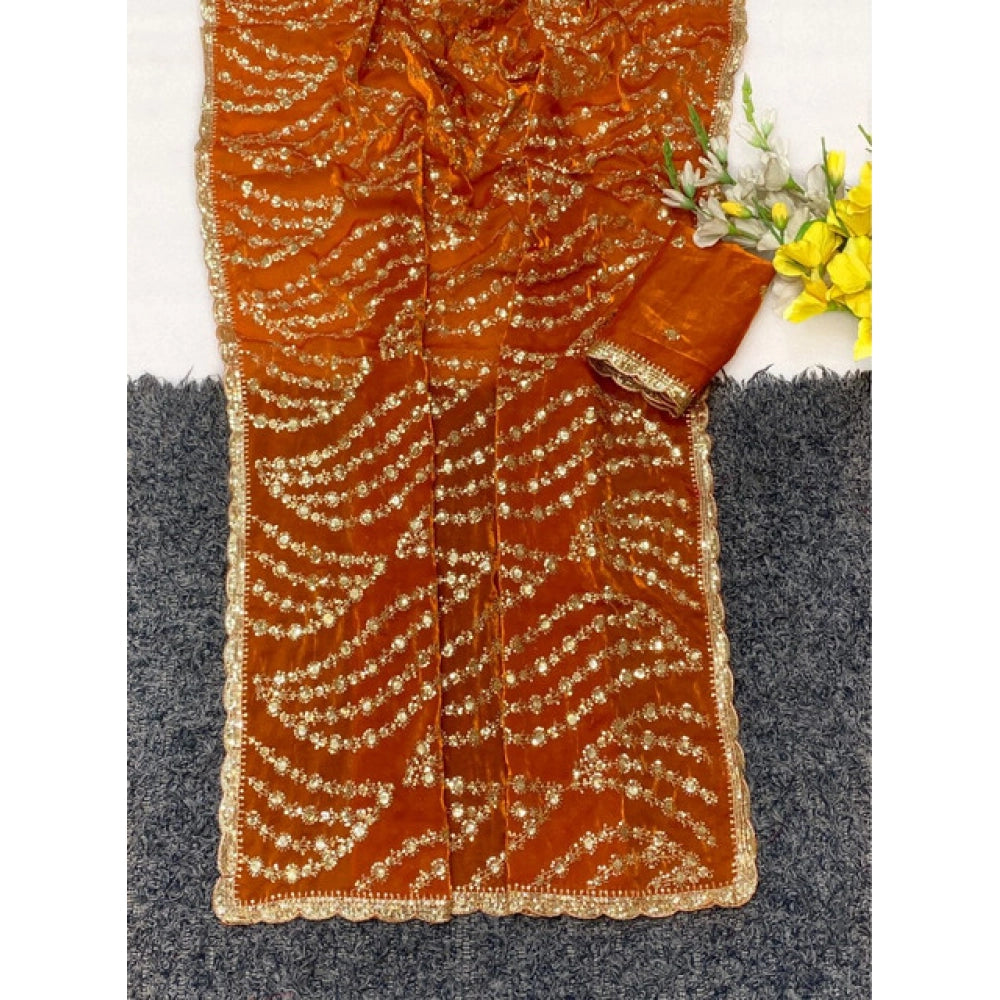 Women's Satin Embellished Saree With Unstitched Blouse 5.5Mtr (Orange)