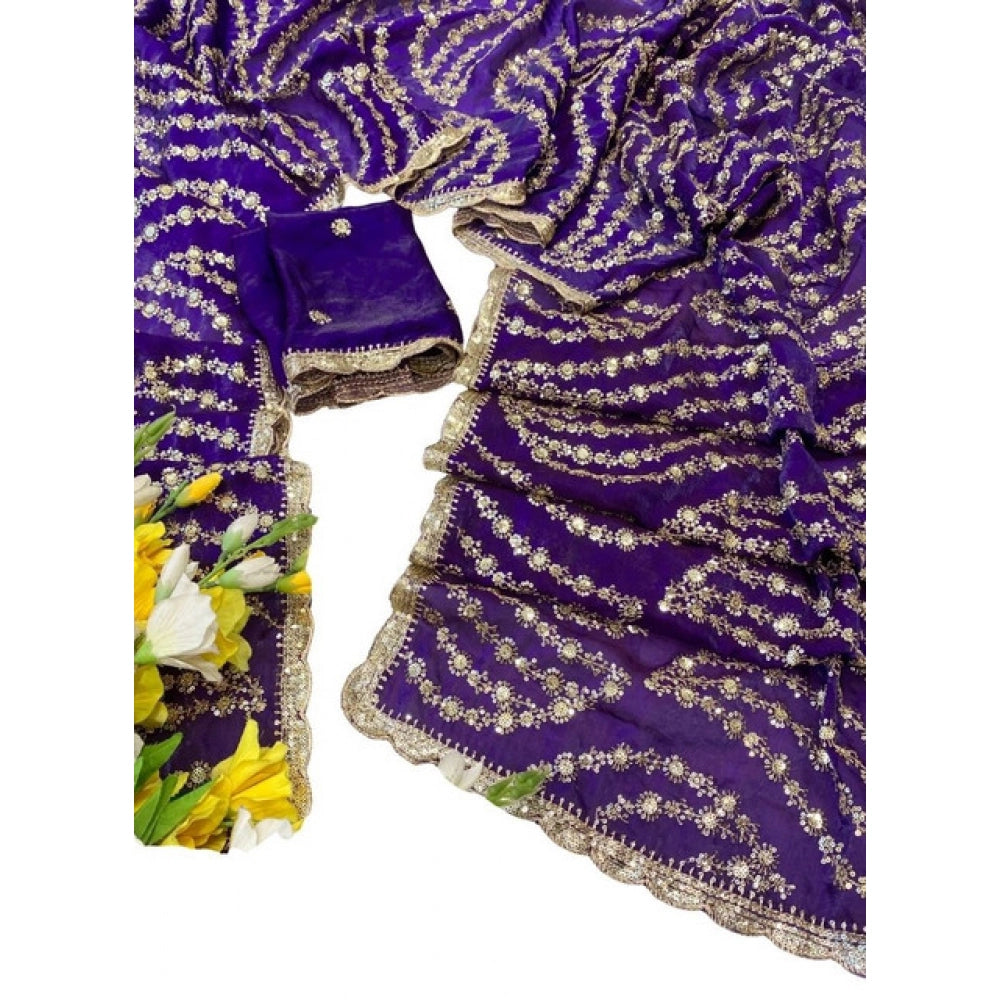 Women's Satin Embellished Saree With Unstitched Blouse 5.5Mtr (Purple)