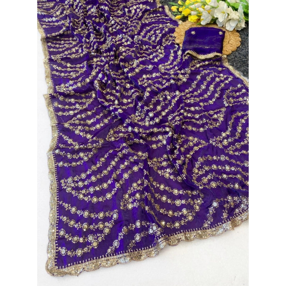 Women's Satin Embellished Saree With Unstitched Blouse 5.5Mtr (Purple)
