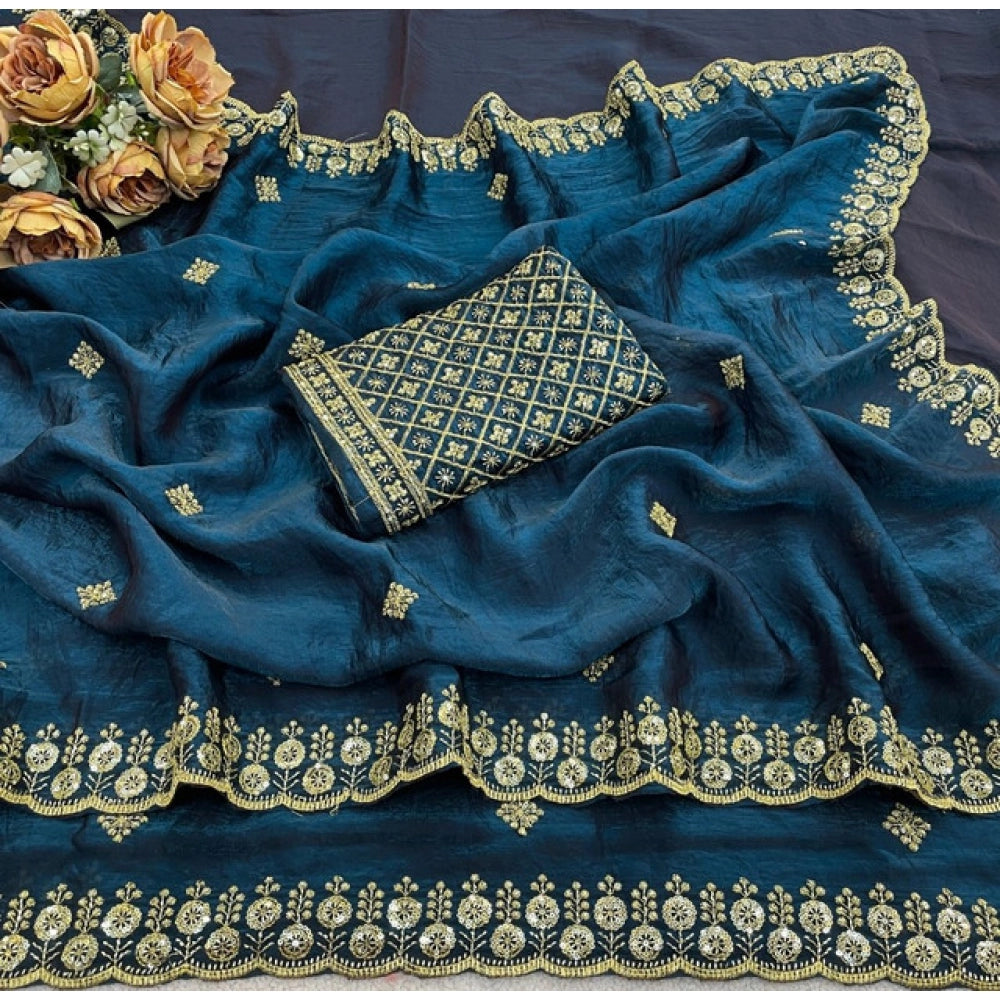 Women's Satin Embellished Saree With Unstitched Blouse 5.5Mtr (Teal)