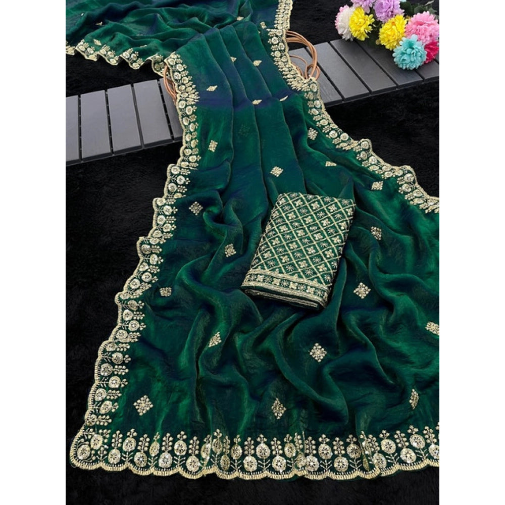 Women's Satin Embellished Saree With Unstitched Blouse 5.5Mtr (Green)