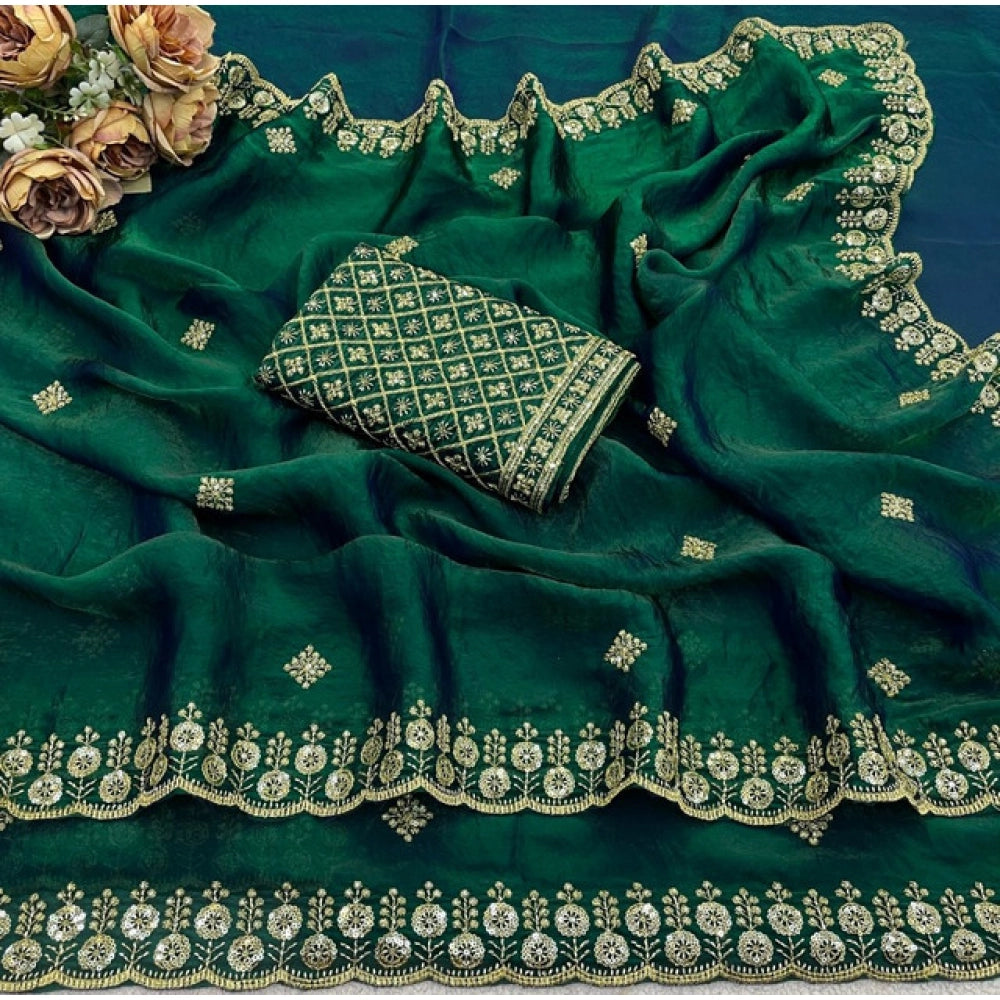 Women's Satin Embellished Saree With Unstitched Blouse 5.5Mtr (Green)