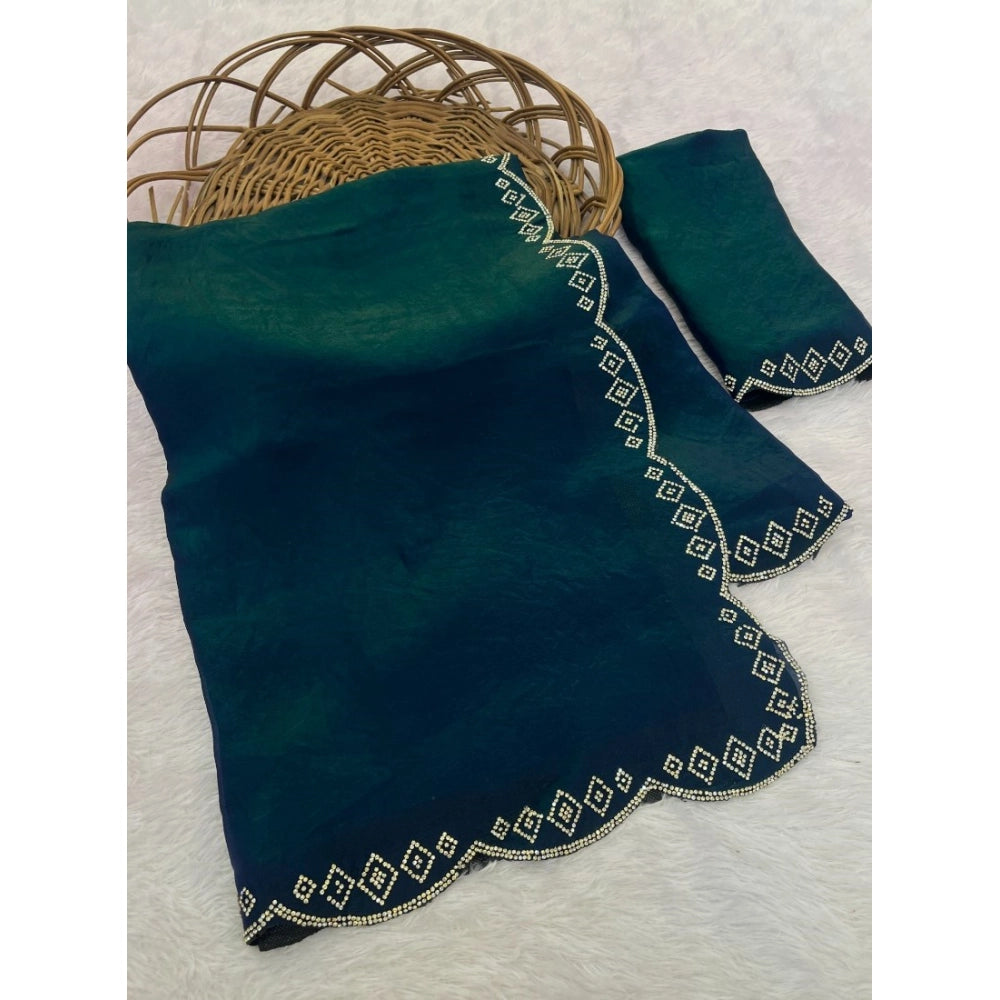 Women's Satin Embellished Saree With Unstitched Blouse 5.5Mtr (Bottle Green)