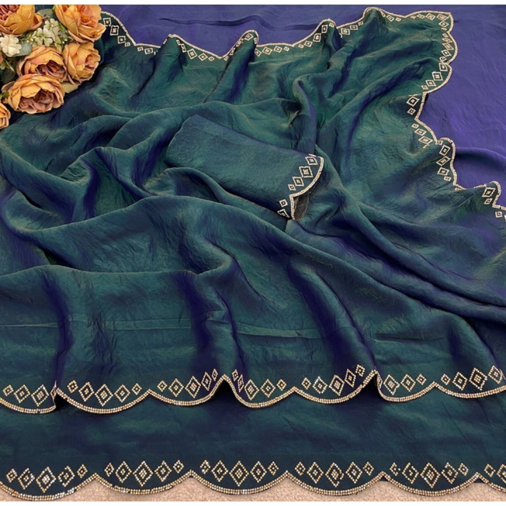 Women's Satin Embellished Saree With Unstitched Blouse 5.5Mtr (Bottle Green)