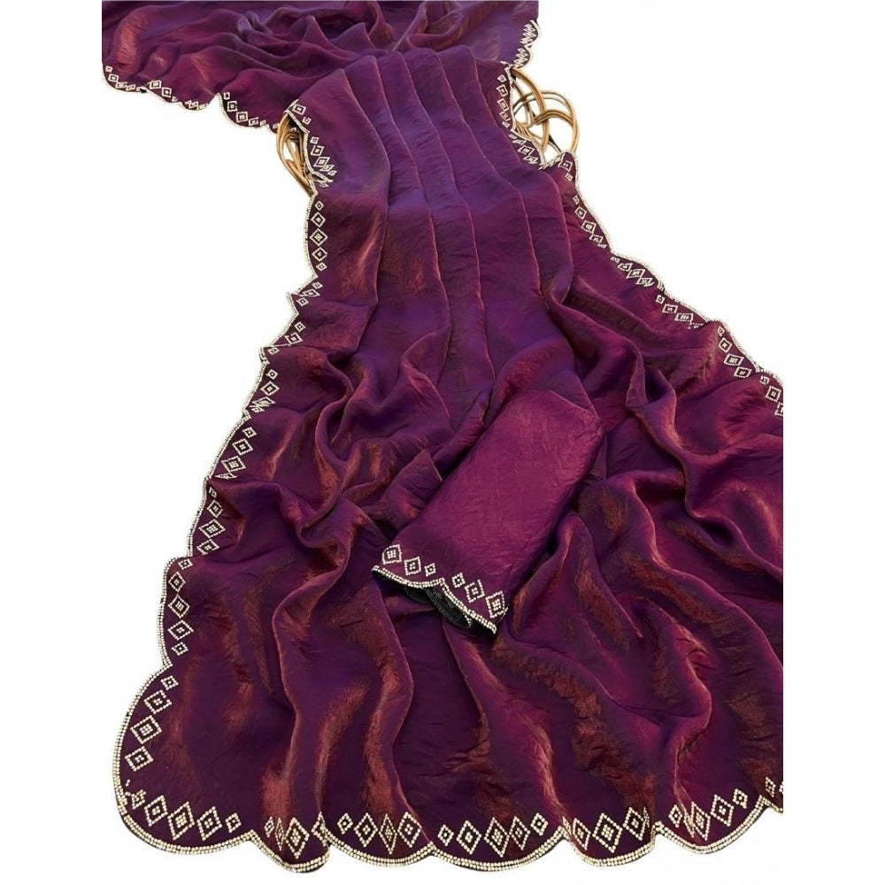 Women's Satin Embellished Saree With Unstitched Blouse 5.5Mtr (Wine)