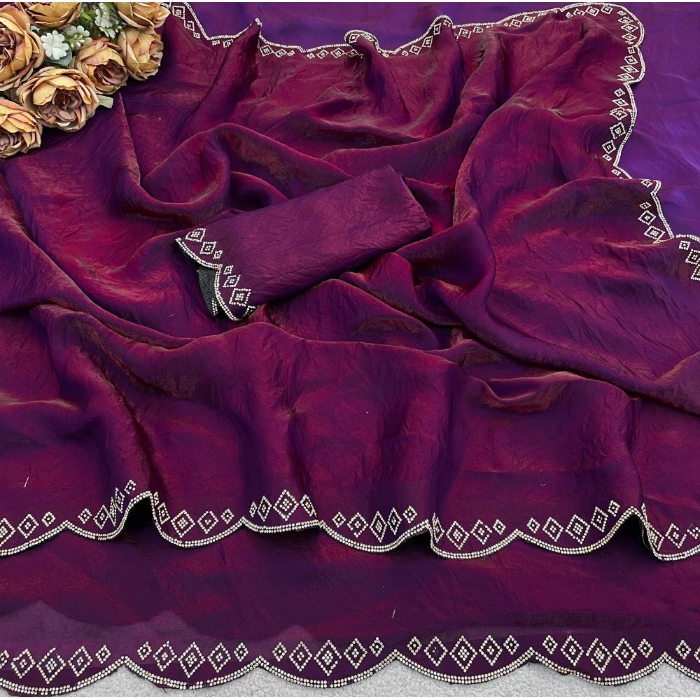 Women's Satin Embellished Saree With Unstitched Blouse 5.5Mtr (Wine)