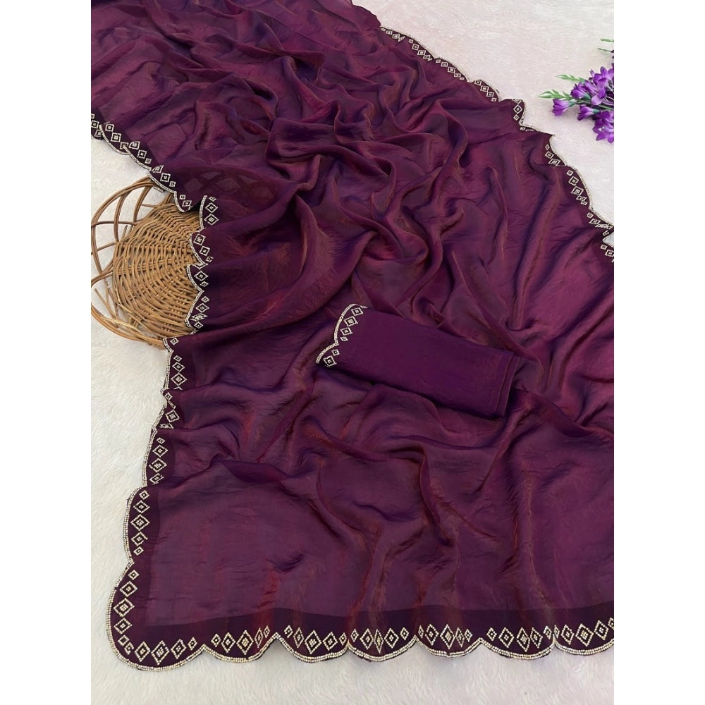 Women's Satin Embellished Saree With Unstitched Blouse 5.5Mtr (Wine)