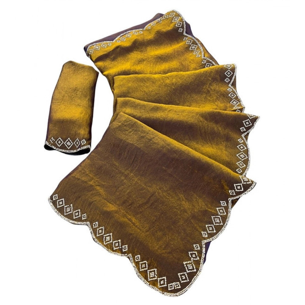 Women's Satin Embellished Saree With Unstitched Blouse 5.5Mtr (Mustard)