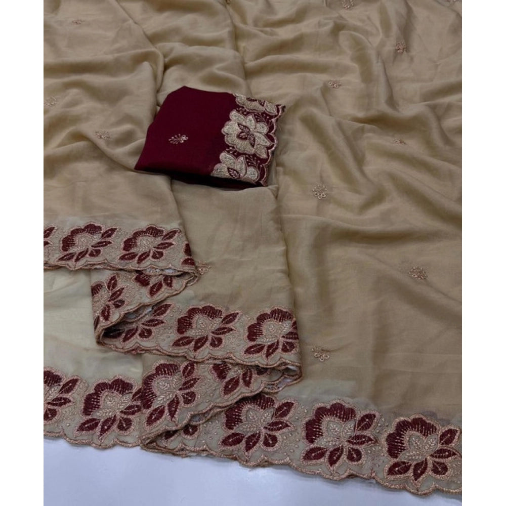 Women's Star Georgette Embroidered Saree With Unstitched Blouse 5.5Mtr (Beige)