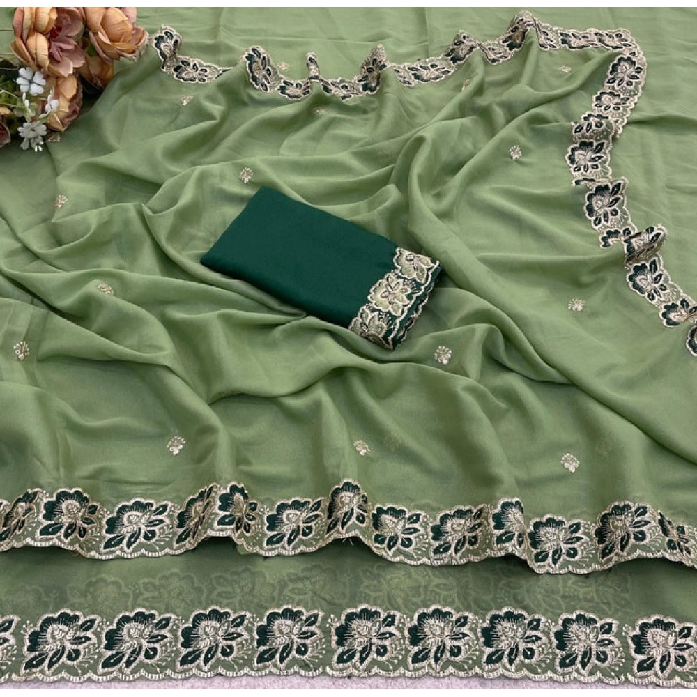Women's Star Georgette Embroidered Saree With Unstitched Blouse 5.5Mtr (Green)