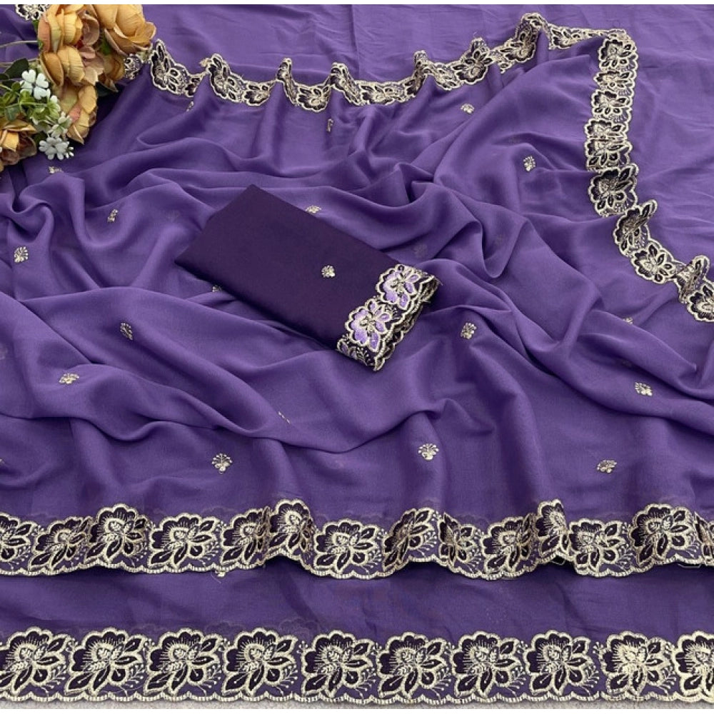 Women's Star Georgette Embroidered Saree With Unstitched Blouse 5.5Mtr (Purple)