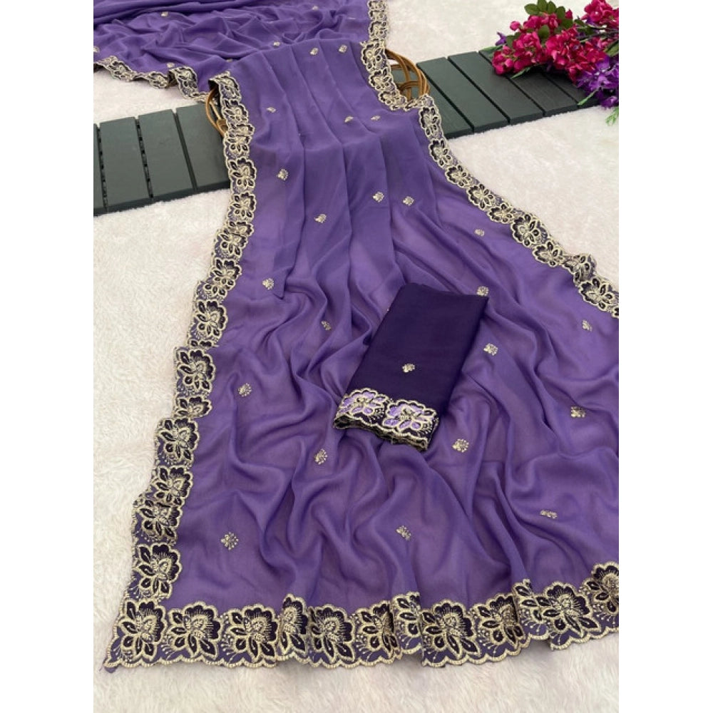 Women's Star Georgette Embroidered Saree With Unstitched Blouse 5.5Mtr (Purple)