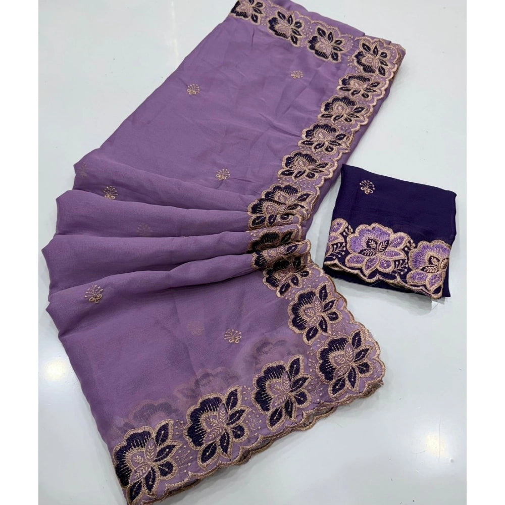 Women's Star Georgette Embroidered Saree With Unstitched Blouse 5.5Mtr (Purple)