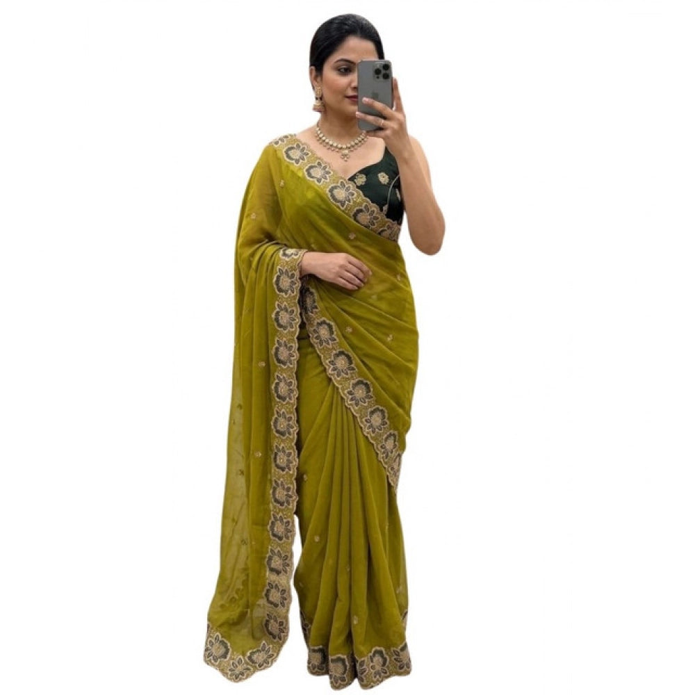 Women's Star Georgette Embroidered Saree With Unstitched Blouse 5.5Mtr (Olive Green)