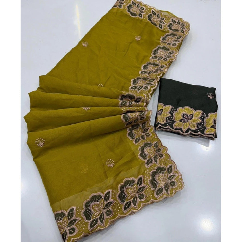 Women's Star Georgette Embroidered Saree With Unstitched Blouse 5.5Mtr (Olive Green)