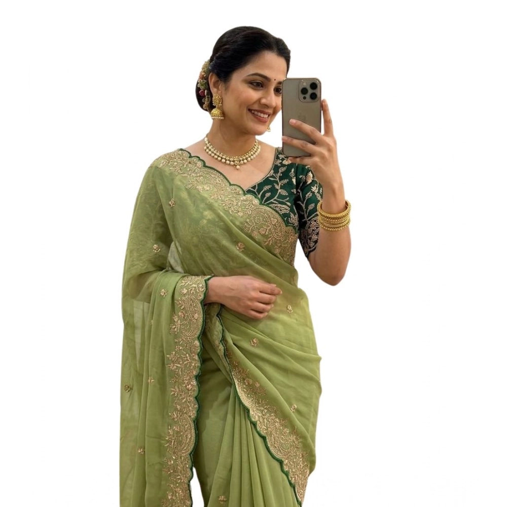 Women's Star Georgette Embroidered Saree With Unstitched Blouse 5.5Mtr (Green)