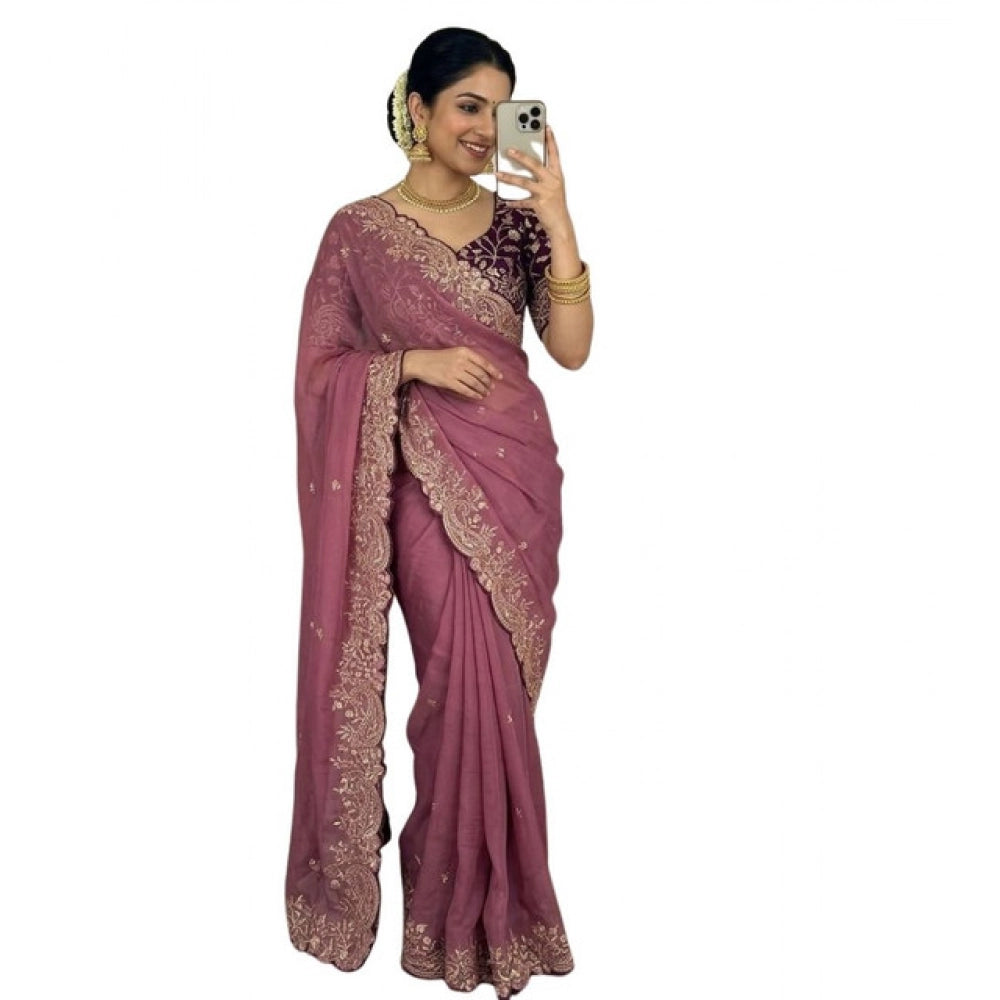 Women's Star Georgette Embroidered Saree With Unstitched Blouse 5.5Mtr (Pink)