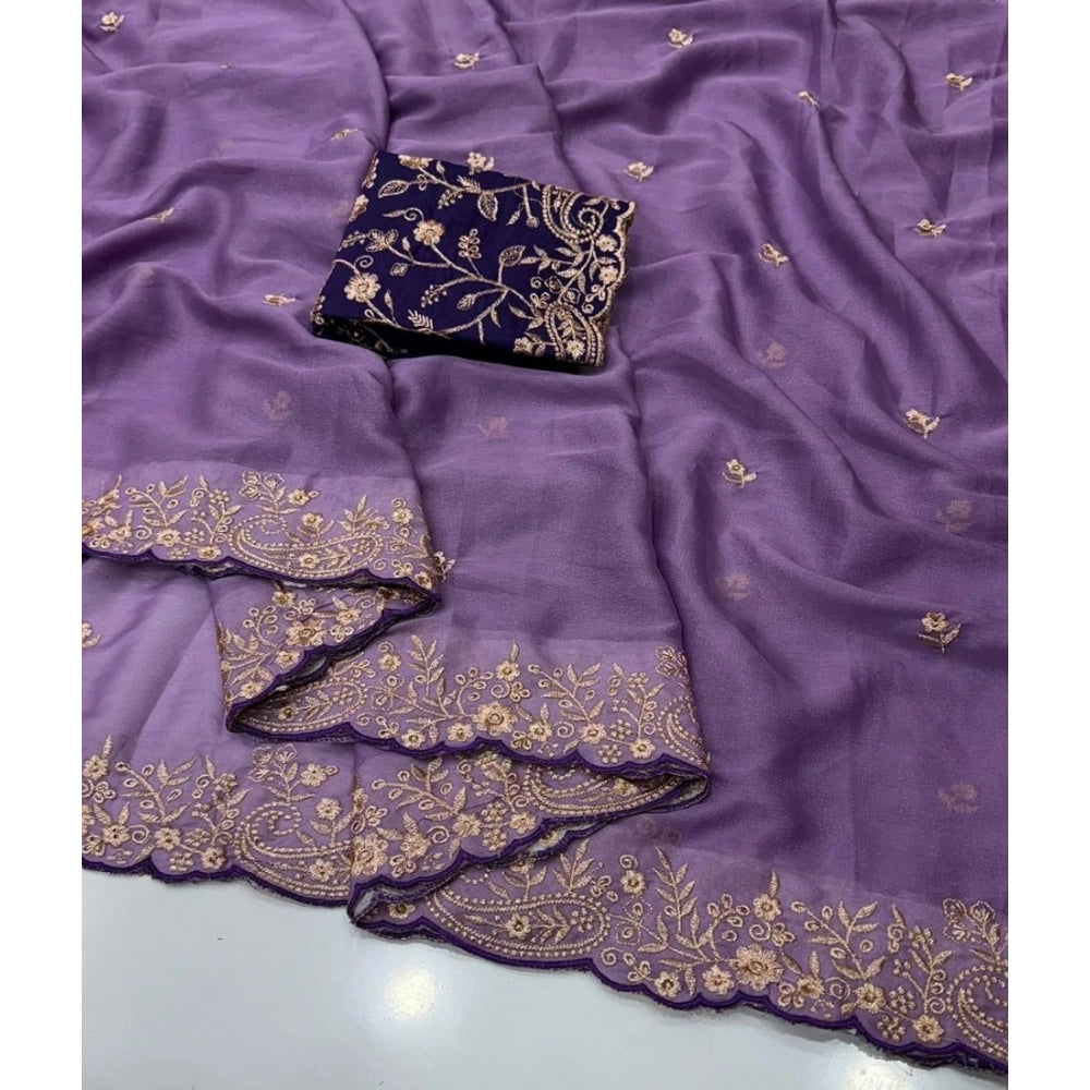 Women's Star Georgette Embroidered Saree With Unstitched Blouse 5.5Mtr (Purple)