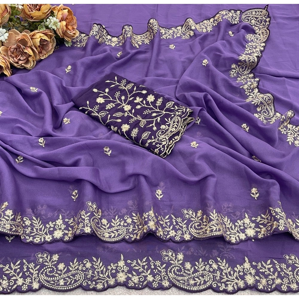 Women's Star Georgette Embroidered Saree With Unstitched Blouse 5.5Mtr (Purple)