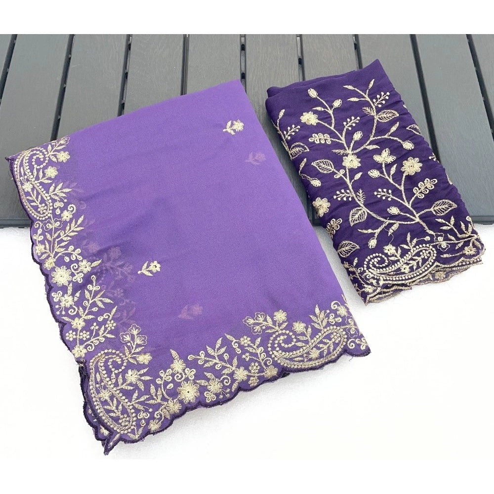 Women's Star Georgette Embroidered Saree With Unstitched Blouse 5.5Mtr (Purple)