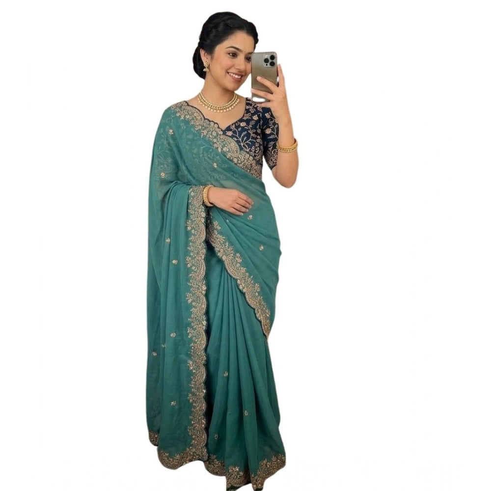 Women's Star Georgette Embroidered Saree With Unstitched Blouse 5.5Mtr (Sea Green)