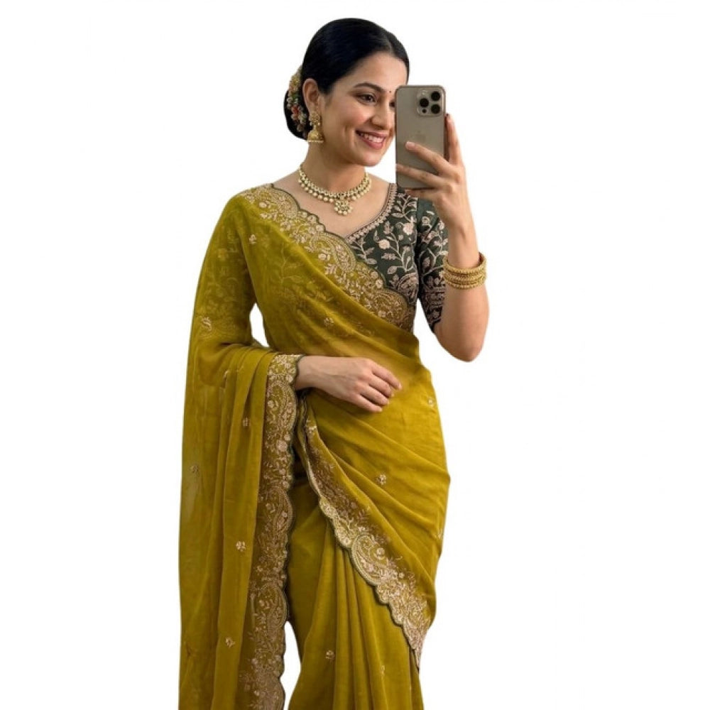 Women's Star Georgette Embroidered Saree With Unstitched Blouse 5.5Mtr (Mustard Yellow)