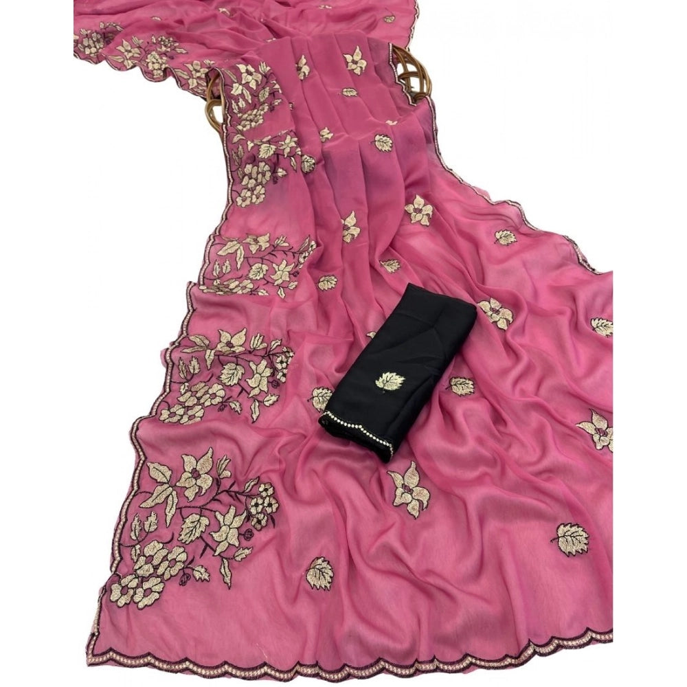 Women's Viscose Silk Embroidered Saree With Unstitched Blouse 5.5Mtr (Pink)