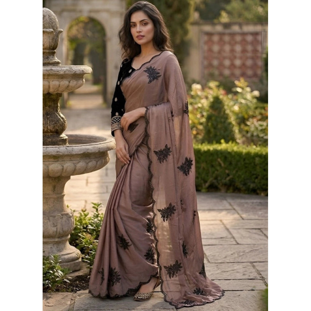 Women's Viscose Silk Embroidered Saree With Unstitched Blouse 5.5Mtr (Brown)