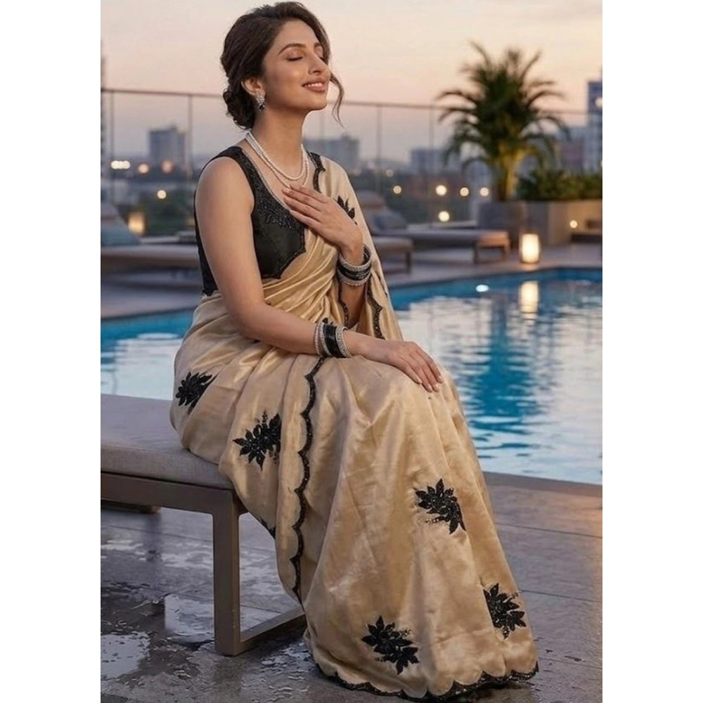 Women's Viscose Silk Embroidered Saree With Unstitched Blouse 5.5Mtr (Beige)