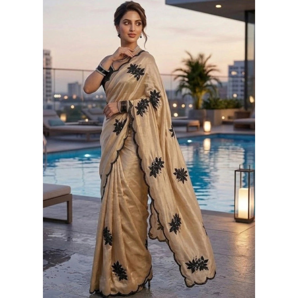 Women's Viscose Silk Embroidered Saree With Unstitched Blouse 5.5Mtr (Beige)