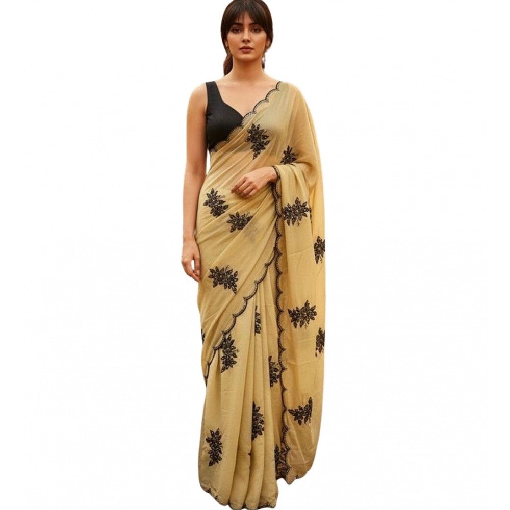 Women's Viscose Silk Embroidered Saree With Unstitched Blouse 5.5Mtr (Beige)