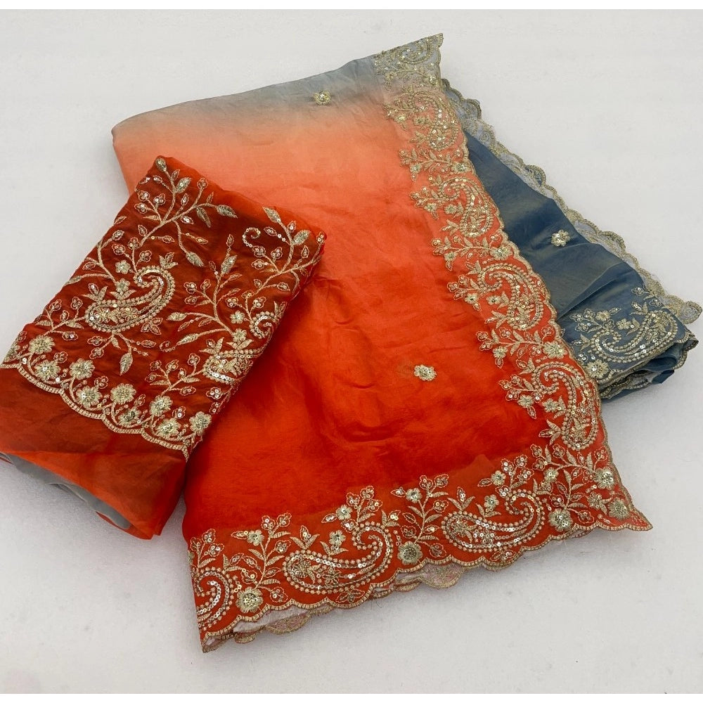 Women's Satin Embellished Saree With Unstitched Blouse 5.5Mtr (Multicolor)