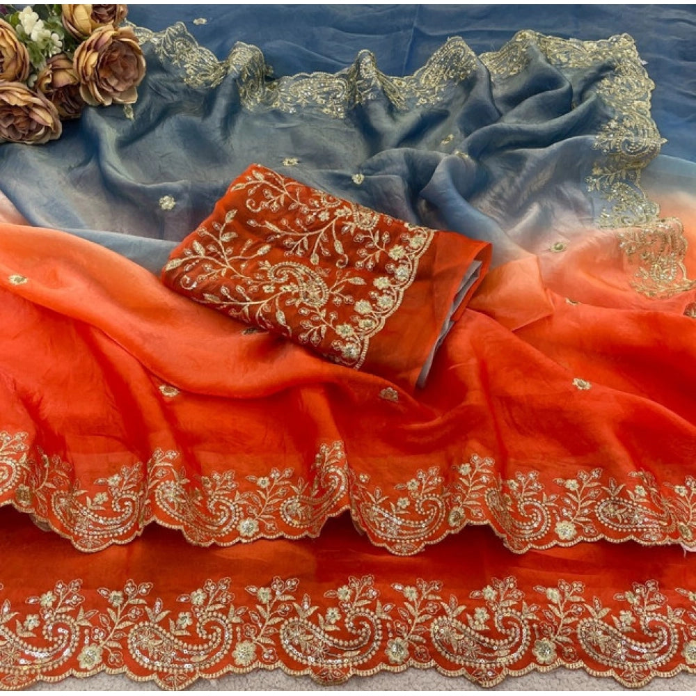 Women's Satin Embellished Saree With Unstitched Blouse 5.5Mtr (Multicolor)