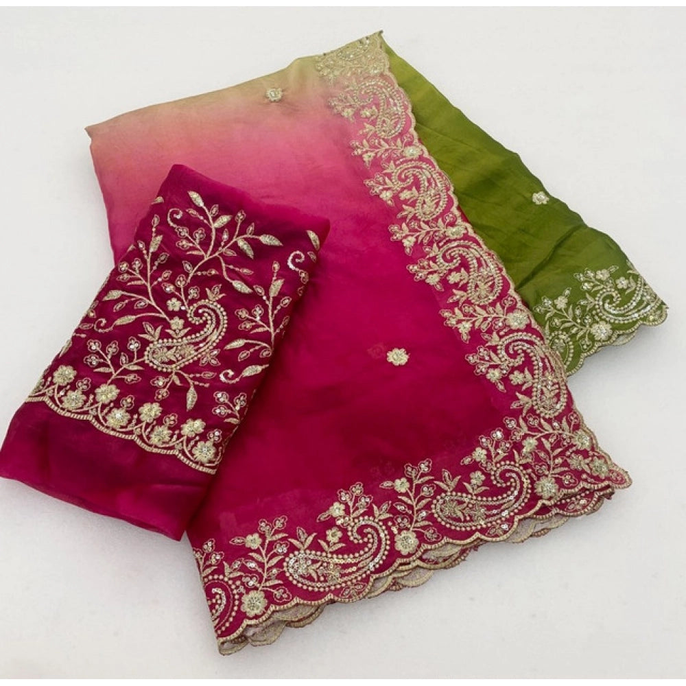 Women's Satin Embellished Saree With Unstitched Blouse 5.5Mtr (Multicolor)
