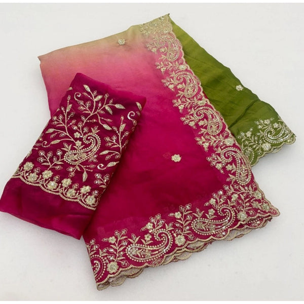 Women's Satin Embellished Saree With Unstitched Blouse 5.5Mtr (Multicolor)