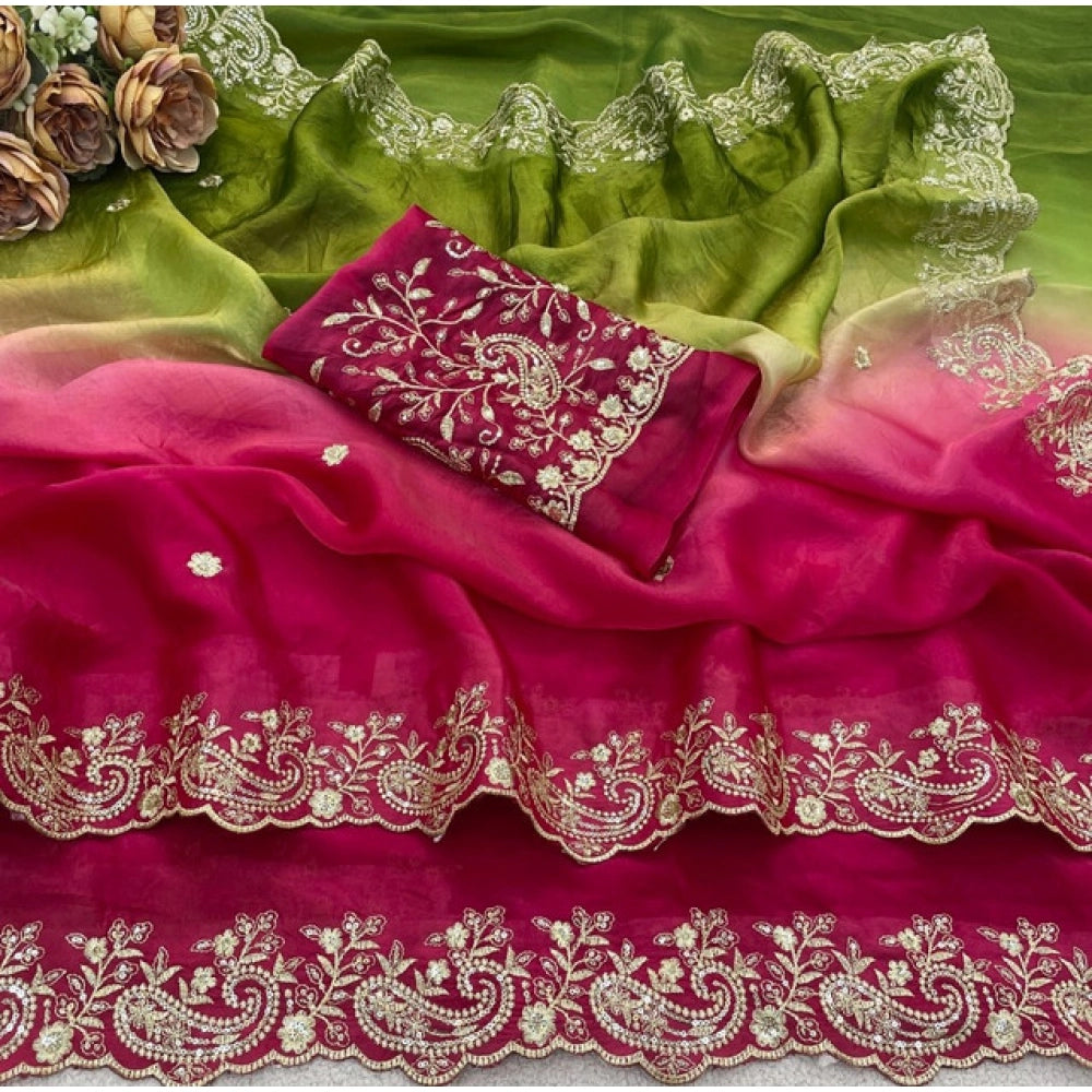Women's Satin Embellished Saree With Unstitched Blouse 5.5Mtr (Multicolor)