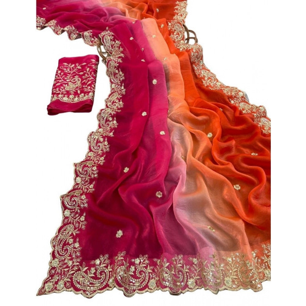 Women's Satin Embellished Saree With Unstitched Blouse 5.5Mtr (Multicolor)