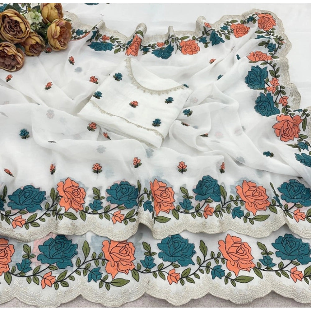 Women's Chiffon Embroidered Saree With Unstitched Blouse 5.5Mtr (White)