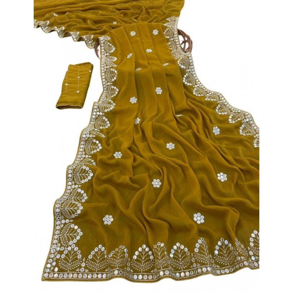 Women's Georgette Embellished Saree With Unstitched Blouse 5.5Mtr (Mustard-Yellow)